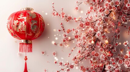 Obraz premium Red and gold Chinese New Year lantern with traditional symbols, isolated on white background, cultural and classic