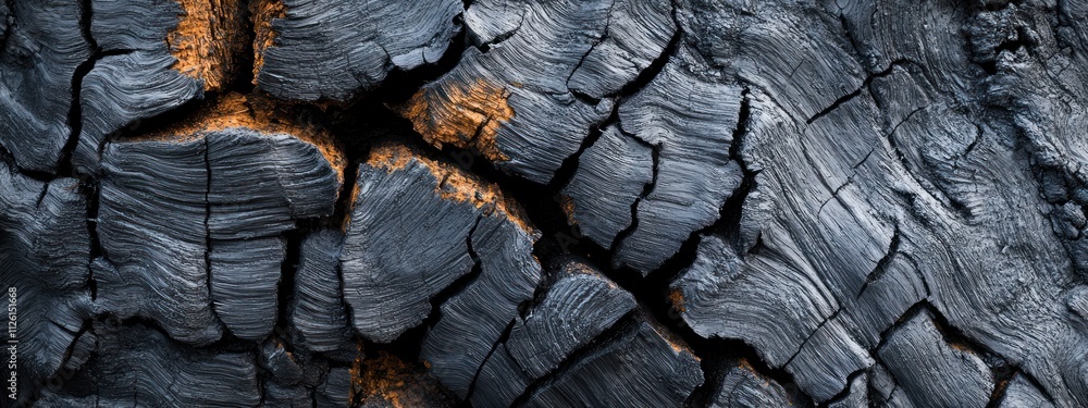 Poster close-up of charred wood, showcasing texture and patterns from burning.