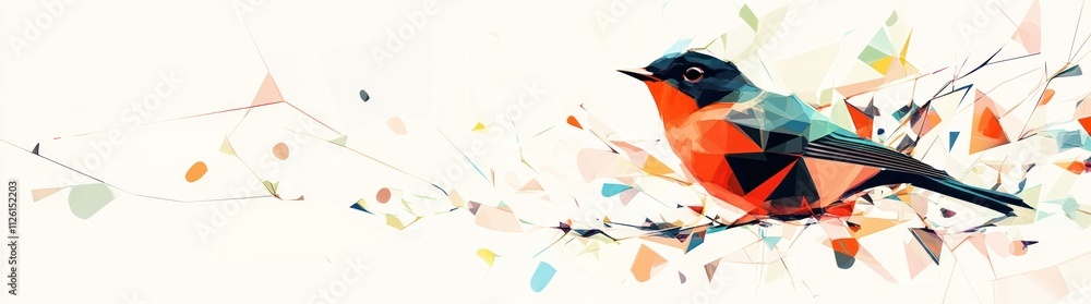 Aufkleber a colorful, abstract representation of a bird perched on a branch with geometric shapes.