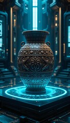 an ancient jar with intricate carvings placed on a glowing platform in a high-tech.