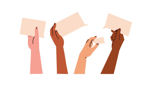 Hands holding blank paper cards, empty speech bubbles, messages for communication, chat. Sharing ideas, feedback, opinions, commenting, speaking. Flat vector illustration isolated on white background