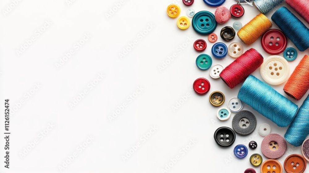 Poster a collection of colorful threads and buttons arranged artistically on a white background.