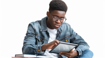 Serious student reading from a tablet, isolated on white background for stock images