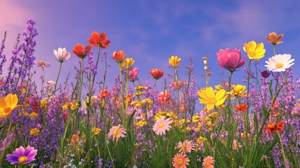 Obraz premium Colorful wildflowers in meadow with blue sky background.