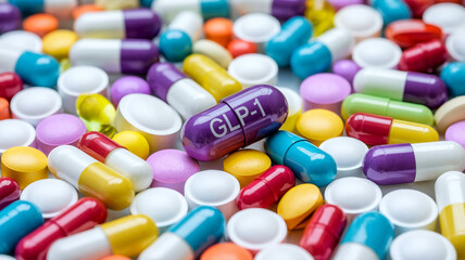 A vibrant array of colorful capsules and pills scattered across a surface, with a purple capsule labeled "GLP-1" prominently in the center, symbolizing pharmaceutical innovation in diabetes care.




