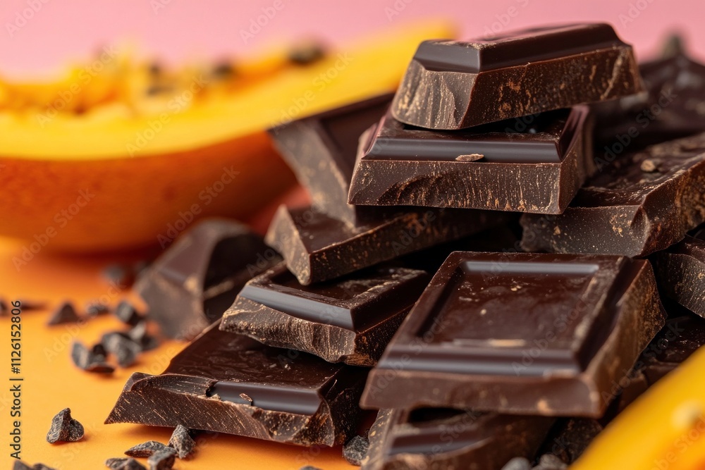 Poster a close-up of dark chocolate pieces with a background of fruit and cocoa nibs.