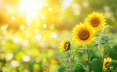 Obraz premium A vibrant field of sunflowers basking in sunlight, creating a cheerful and warm atmosphere.