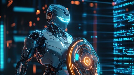 Cybernetic Guardian: A futuristic robot defends digital realm