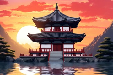 Obraz premium Sunset in asia temple architecture building outdoors.