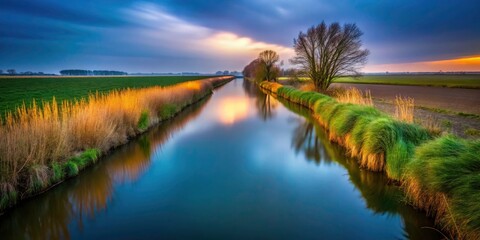 Obraz premium Low Light Biesbosch National Park Ditch Photography: Nighttime De Merwelanden Dordrecht Netherlands
