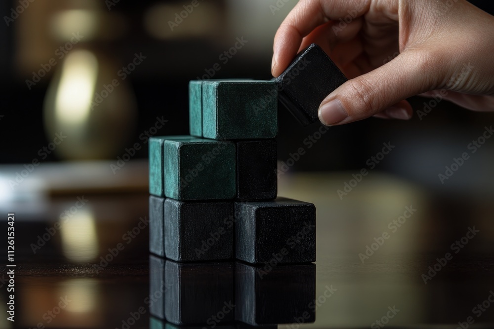 Poster a hand places a cube on a stack of black and teal blocks, showcasing balance and focus.