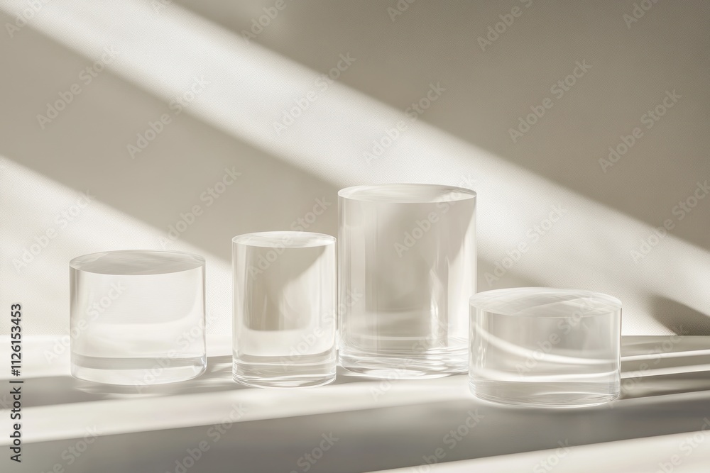 Poster four clear glass containers arranged in soft light, showcasing transparency and form.