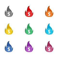 Hot Coin fire coin icon isolated on white background. Set icons colorful