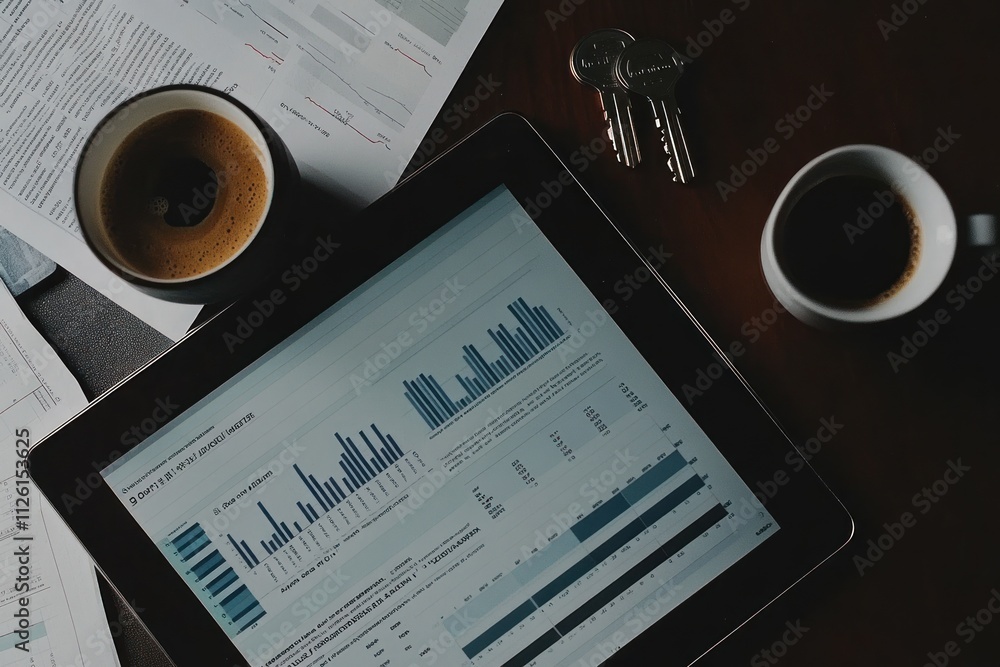 Aufkleber A workspace featuring coffee, an iPad displaying data charts, and keys on a table.
