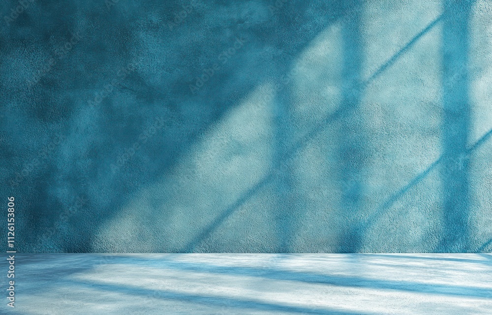 Poster a textured blue wall with shadows, creating a serene and minimalist atmosphere.
