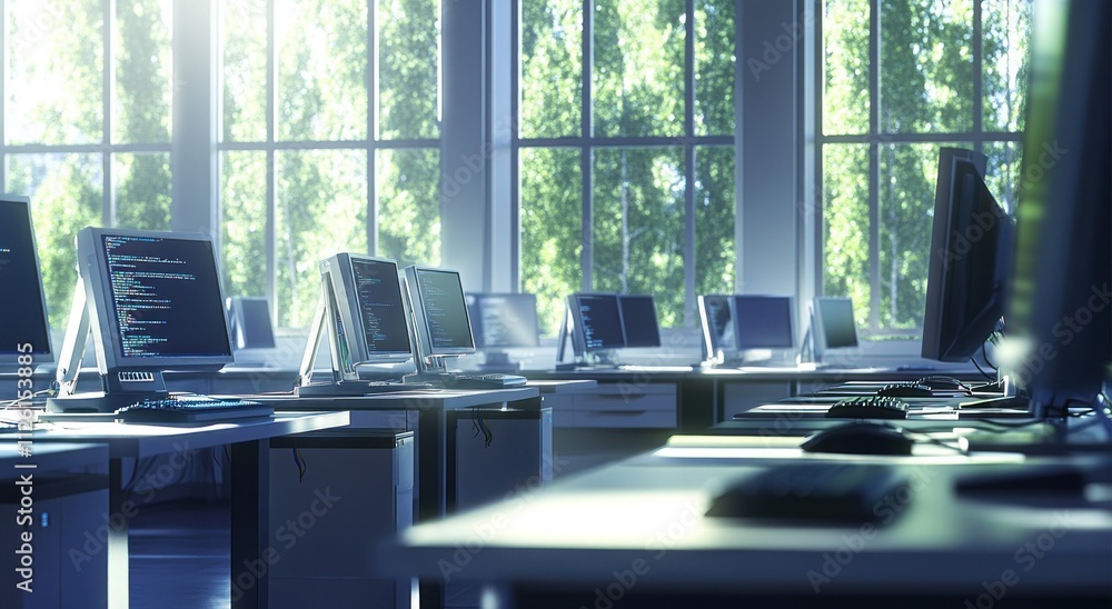 Aufkleber A modern office space with computers and large windows, emphasizing a tech-focused environment.