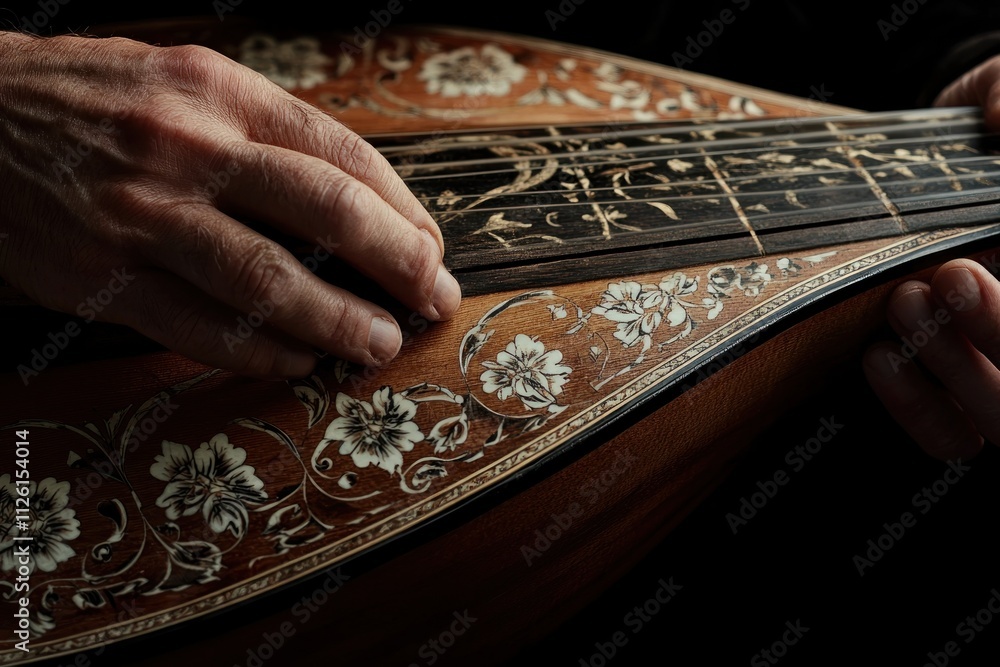 Aufkleber a close-up of hands playing a beautifully crafted string instrument with intricate designs.