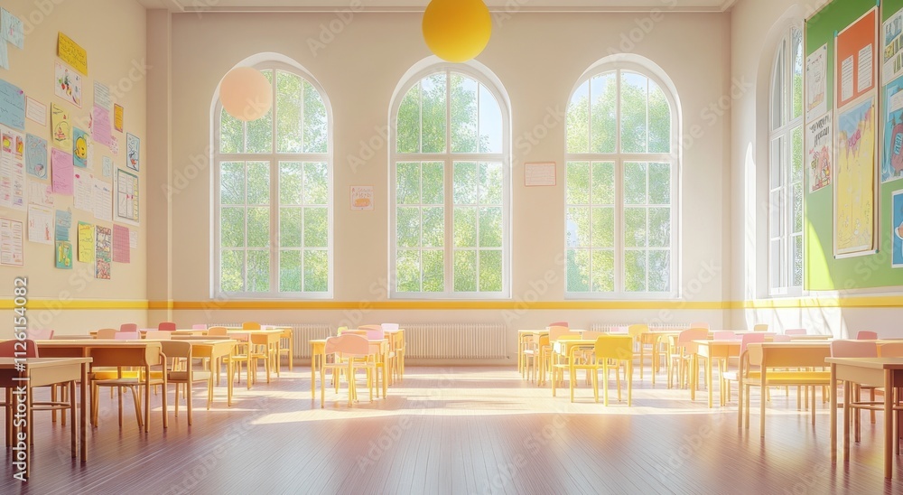 Poster a bright classroom with colorful furniture and large windows, designed for learning and creativity.