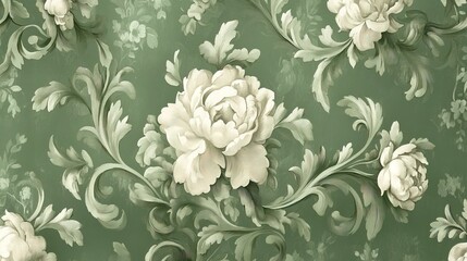 Modern green fabric pattern with classic Baroque floral 