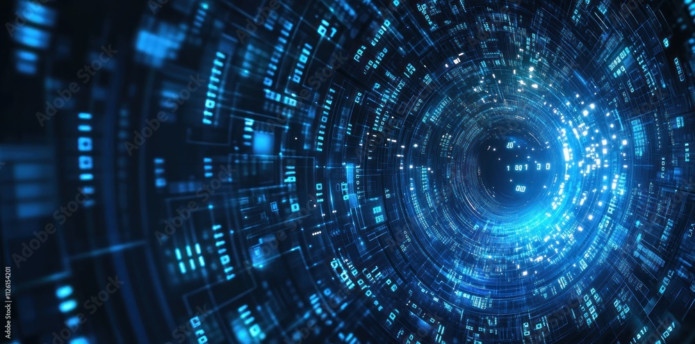 Wall mural a digital tunnel with blue lights and data patterns, representing technology and innovation.