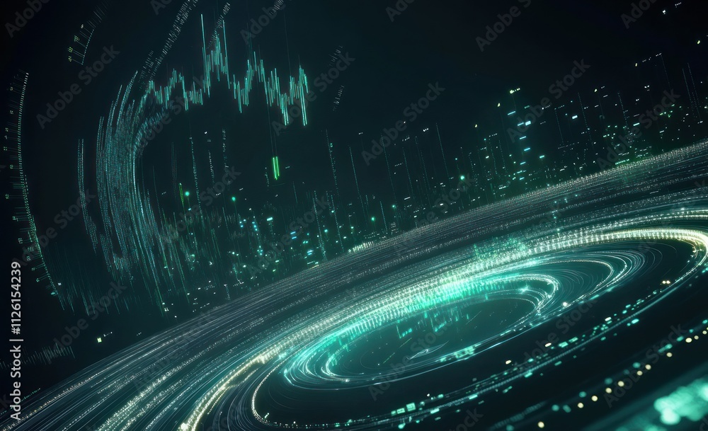 Poster Abstract digital visualization with data patterns and circular motion.