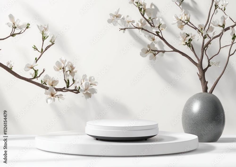 Poster A minimalist display featuring a levitating object, surrounded by floral branches and a vase.