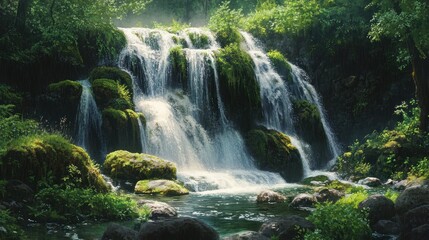 Obraz premium Serene Waterfall in Lush Forest: A Tranquil Nature Escape
