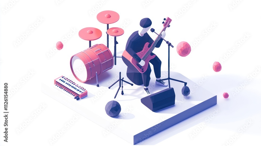 Poster a 3d illustration of a musician playing guitar with drums and keyboard in a vibrant setting.