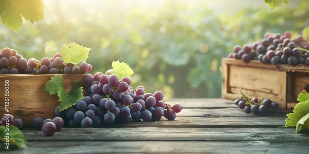 Poster fresh grapes in wooden crates on a rustic table with a vineyard backdrop.