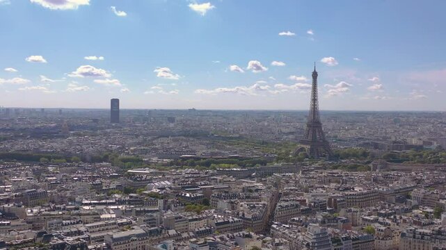 PARIS, FRANCE - OCTOBER 3, 2024: Aerial view showcasing the stunning skyline with the Eiffel Tower and the cityscape of Paris