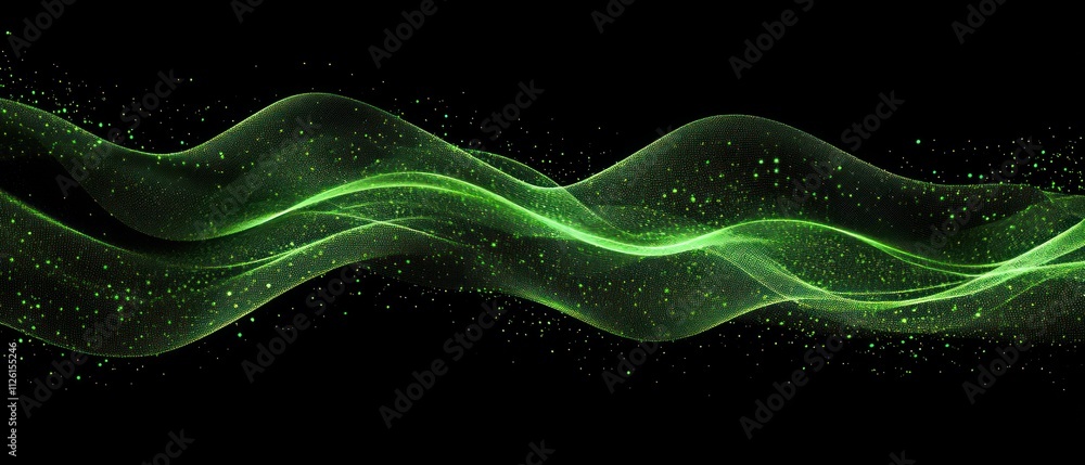 Poster abstract green wave design with particles on a black background.