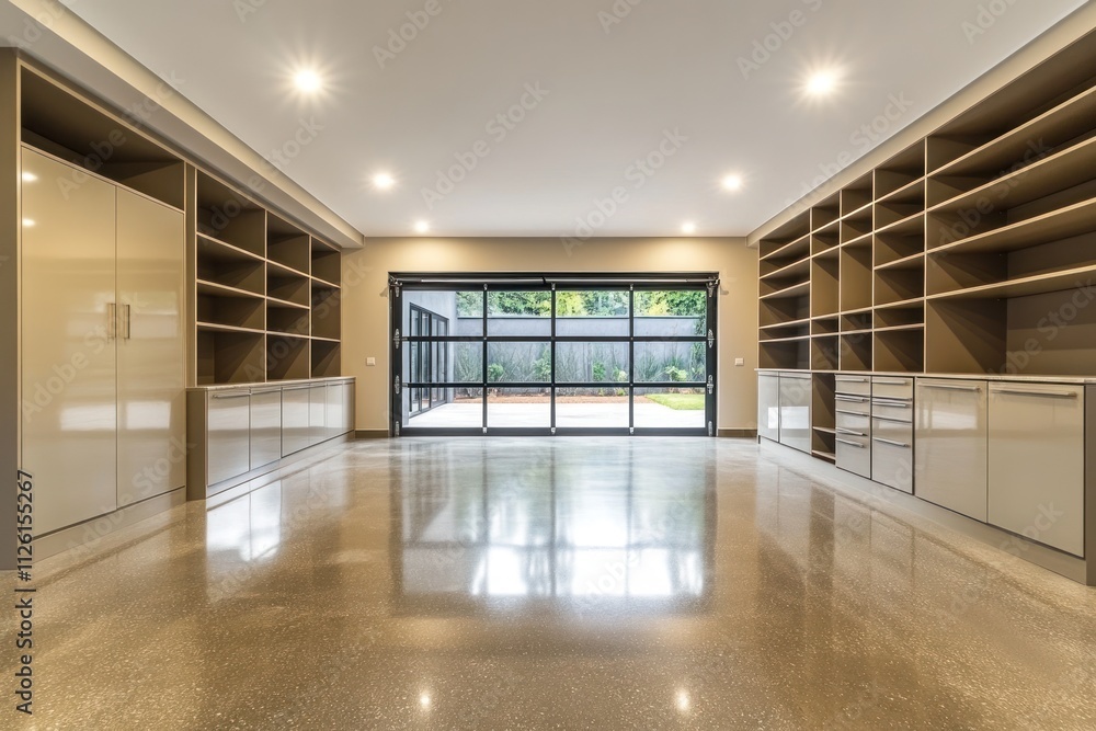 Poster spacious, modern room with built-in shelving and large windows for natural light.
