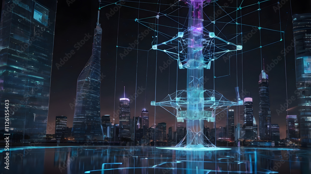 Aufkleber cybernetic cityscape: a futuristic metropolis glows with vibrant, interconnected networks of data an