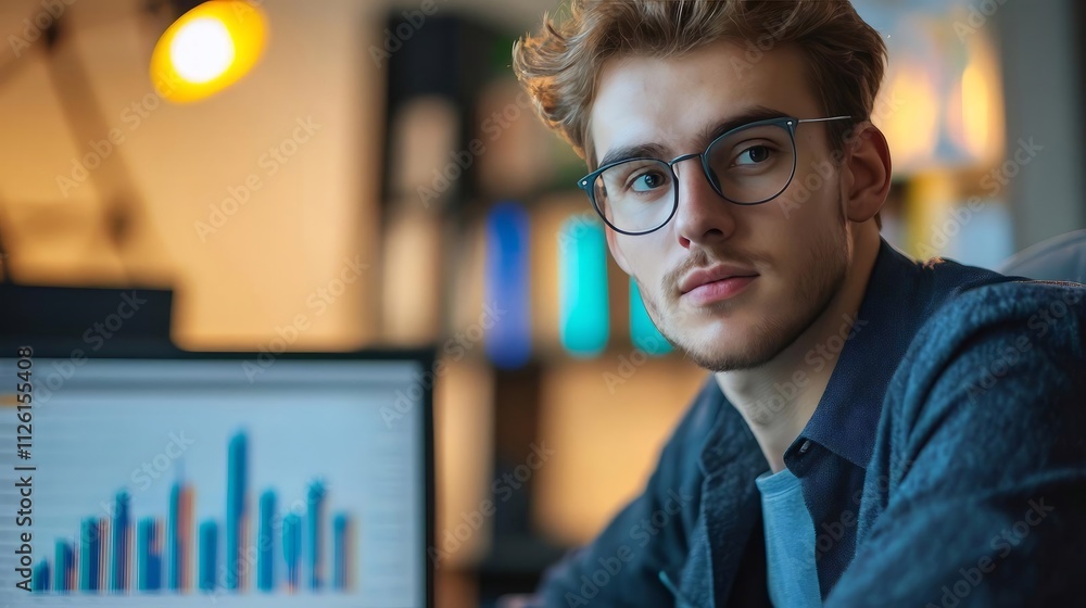 Poster focused young caucasian male data analyst examining financial information and data visualization on 