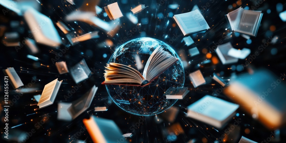 Aufkleber An open book surrounded by floating pages, symbolizing knowledge and exploration.