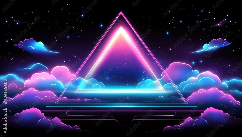 Poster a vibrant, futuristic landscape featuring a glowing triangle and colorful clouds in a starry sky.