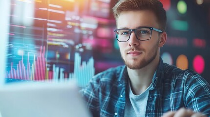 Confident Young Caucasian Male Business Data Analyst Examining Financial Information and Data Visualization on Laptop Computer