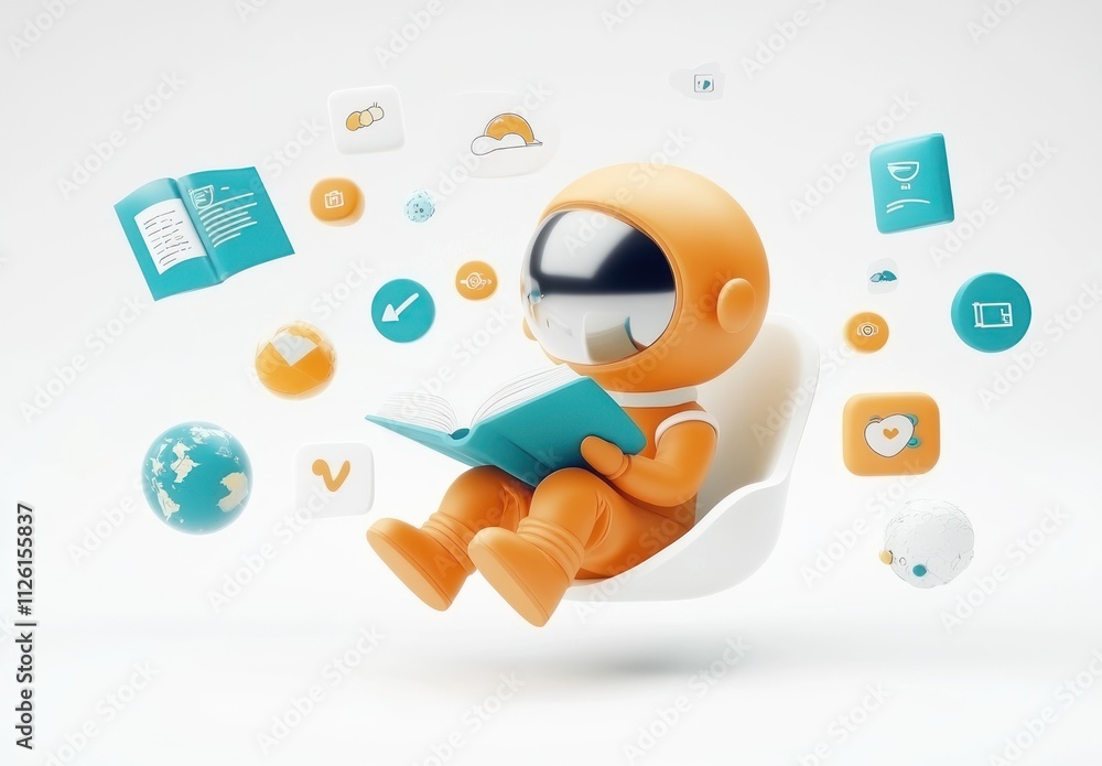 Poster A cute astronaut character reading a book, surrounded by various icons representing knowledge and technology.
