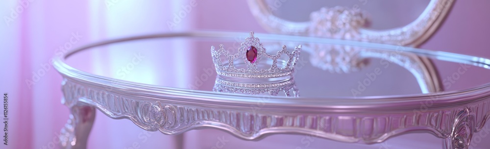 Poster a delicate crown rests on a mirrored table in a softly lit, elegant setting.