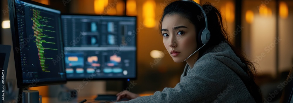 Poster A focused individual wearing a headset, working on dual monitors with data and code displayed.