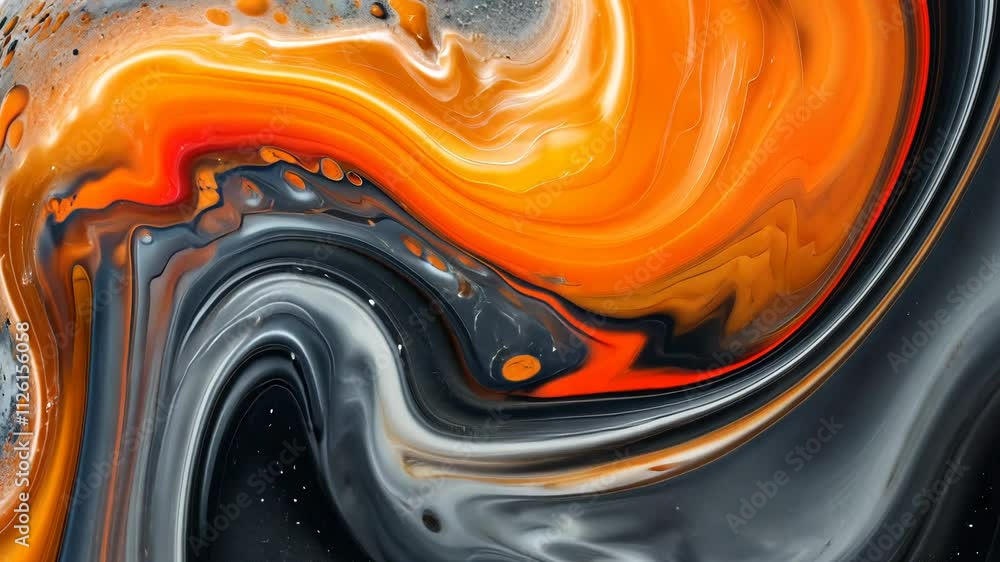 Poster abstract fluid art with vibrant orange and black swirls, dynamic movement. creative expression and m