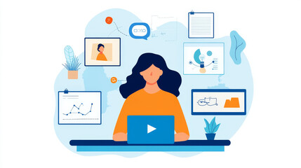 Fototapeta premium woman in leadership participates in virtual meeting, surrounded by digital elements like charts and images, showcasing modern workspace