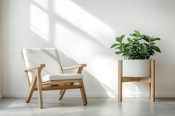 A minimalist interior featuring a wooden chair and a potted plant against a light wall.