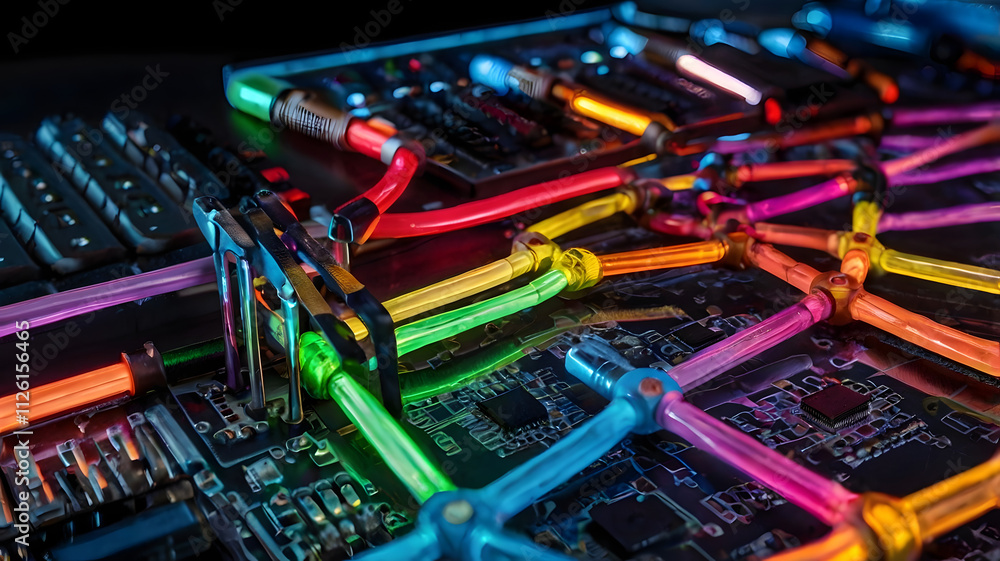 Poster neon circuitry: a mesmerizing close-up of a circuit board adorned with vibrant neon cables, creating