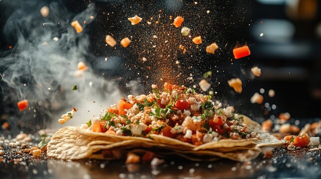 Tachos with flying ingredients and spices hot ready to serve