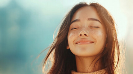 young woman with long hair smiles gently, her eyes closed, radiating happiness in serene outdoor setting. soft light enhances her joyful expression