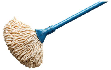Blue mop with twisted white cotton strands on a white background