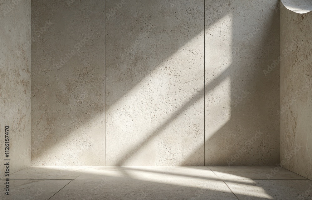 Poster a minimalistic interior space with textured walls and soft light casting shadows.