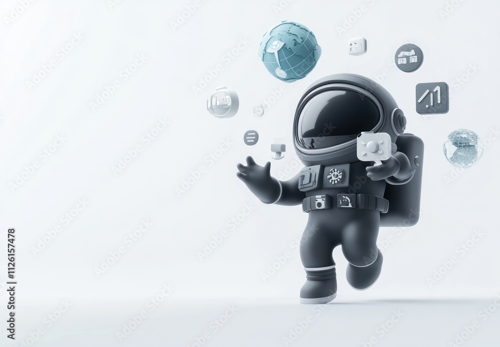 Poster A playful astronaut character interacting with floating digital icons and data representations.