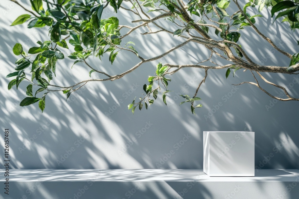 Aufkleber A minimalist scene featuring a branch with leaves and a blank cube on a shelf against a wall.